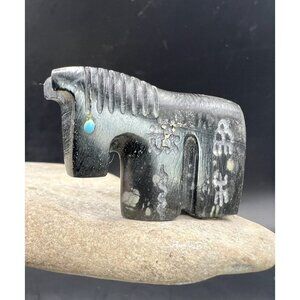 ZUNI FETISH Black Stone Carved Horse Turquoise Eyes NATIVE AMERICAN